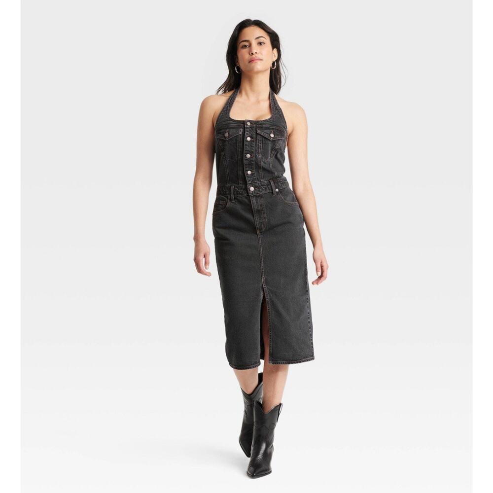 Women’s Denim Midi Dress Black Wash Sleeveless Halter Front Button Down 10 New